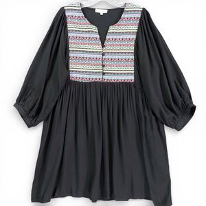 Umgee USA Boho Embroidered Babydoll Dress Black XL Balloon Sleeve